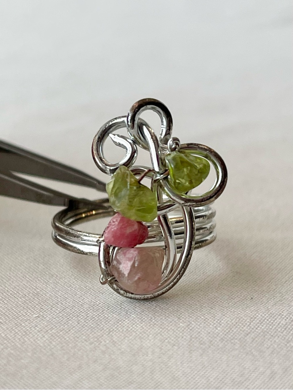 Handcrafted Silver Wire Ring with Pink and Green Tourmaline Gem Accents